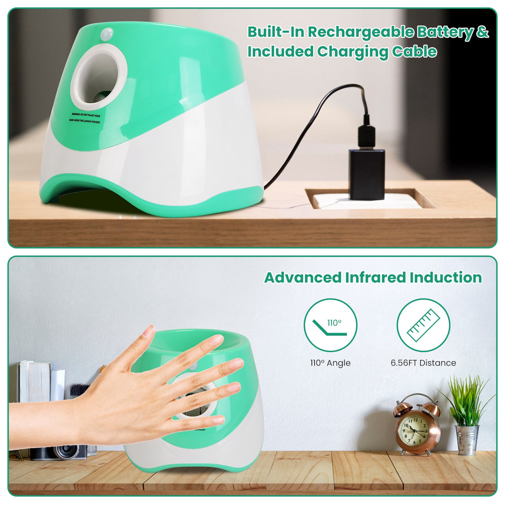 Green and white automatic dog ball launcher with charging cable and front chute