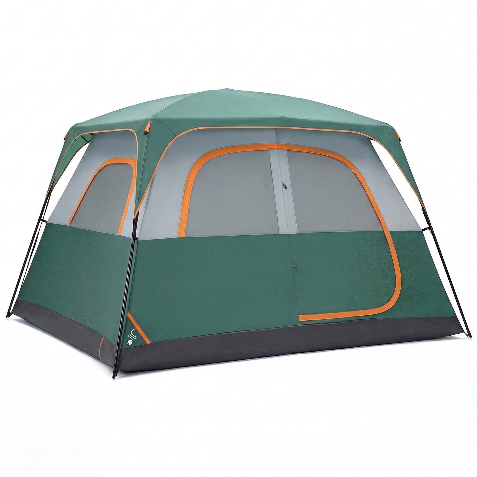 Green and gray 6-person camping tent with orange-trimmed front door and mesh windows