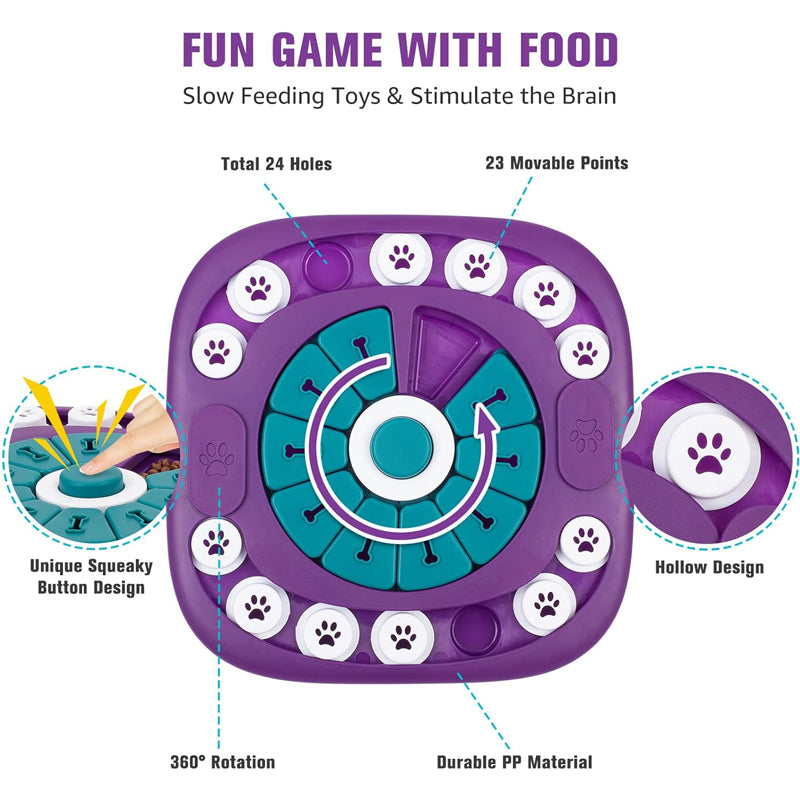 Purple dog treat puzzle toy top view with teal bone compartments and paw-shaped buttons