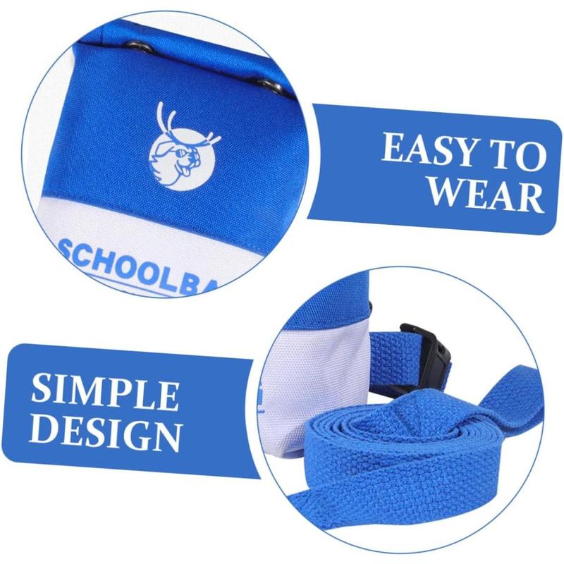 Blue dog harness backpack with straps and attached leash, close-up of adjustable fit