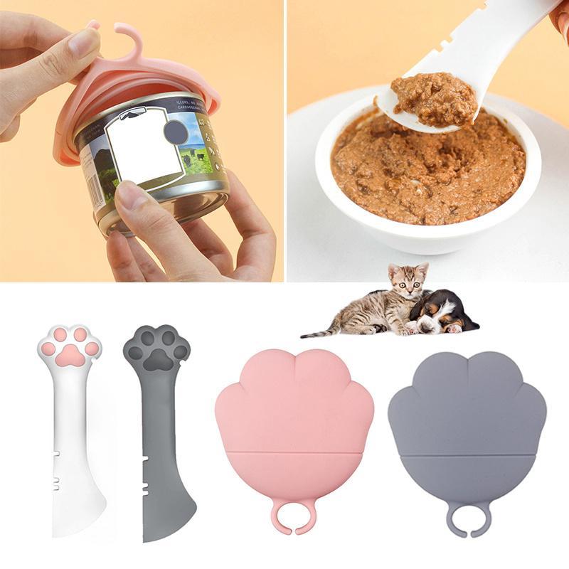 Pet food can spoon and lid opener set with paw-shaped handles and silicone lids