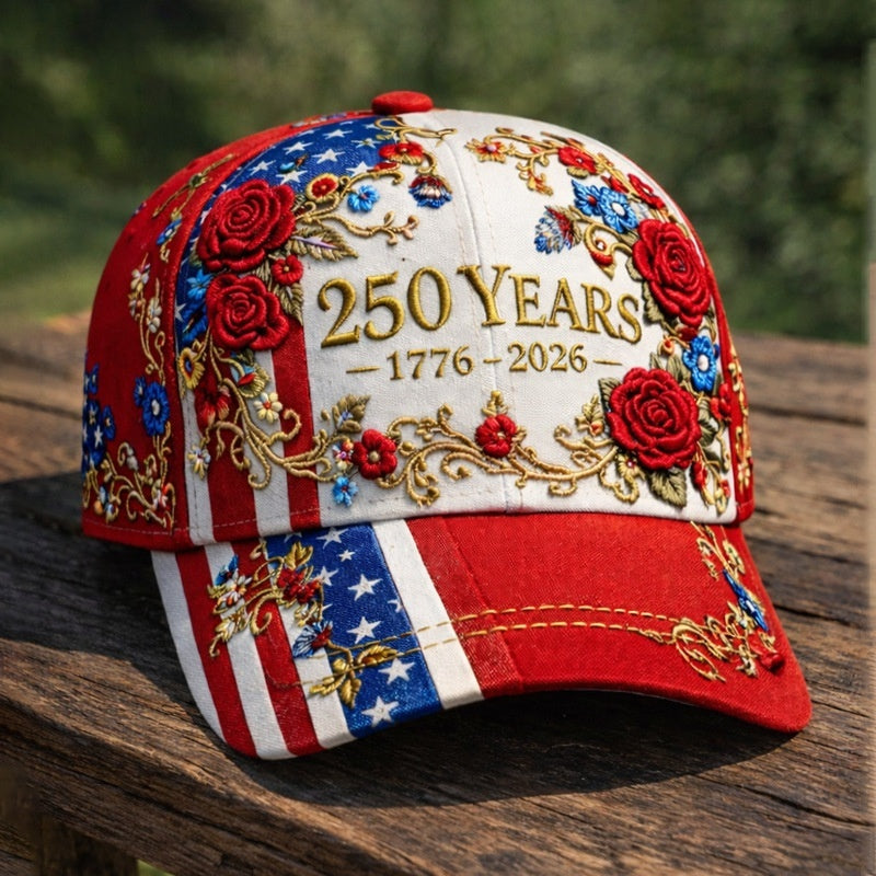 Baseball cap with red, blue, and white stripes, “250 Years 1776–2026” and rose embroidery