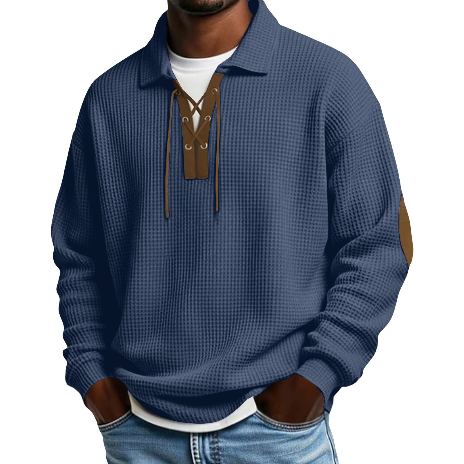 Oversized cardigan sweatshirt, navy blue knit, stand collar with lace-up detail