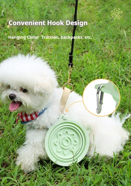 Light green collapsible pet bowl with hanging loop strap and metal clip hook