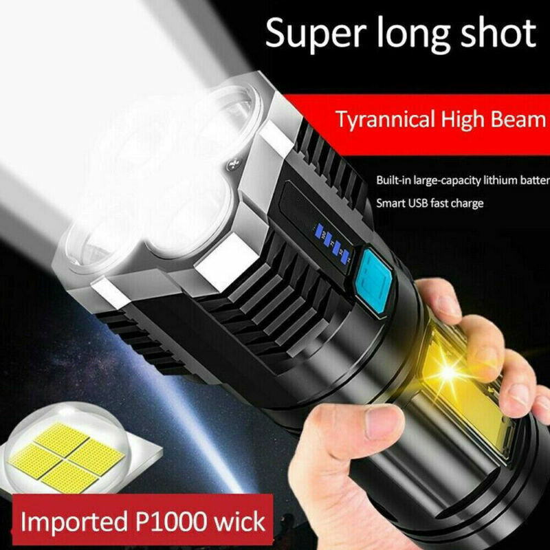 Black tactical flashlight with high beam and side COB lamp, held in a hand