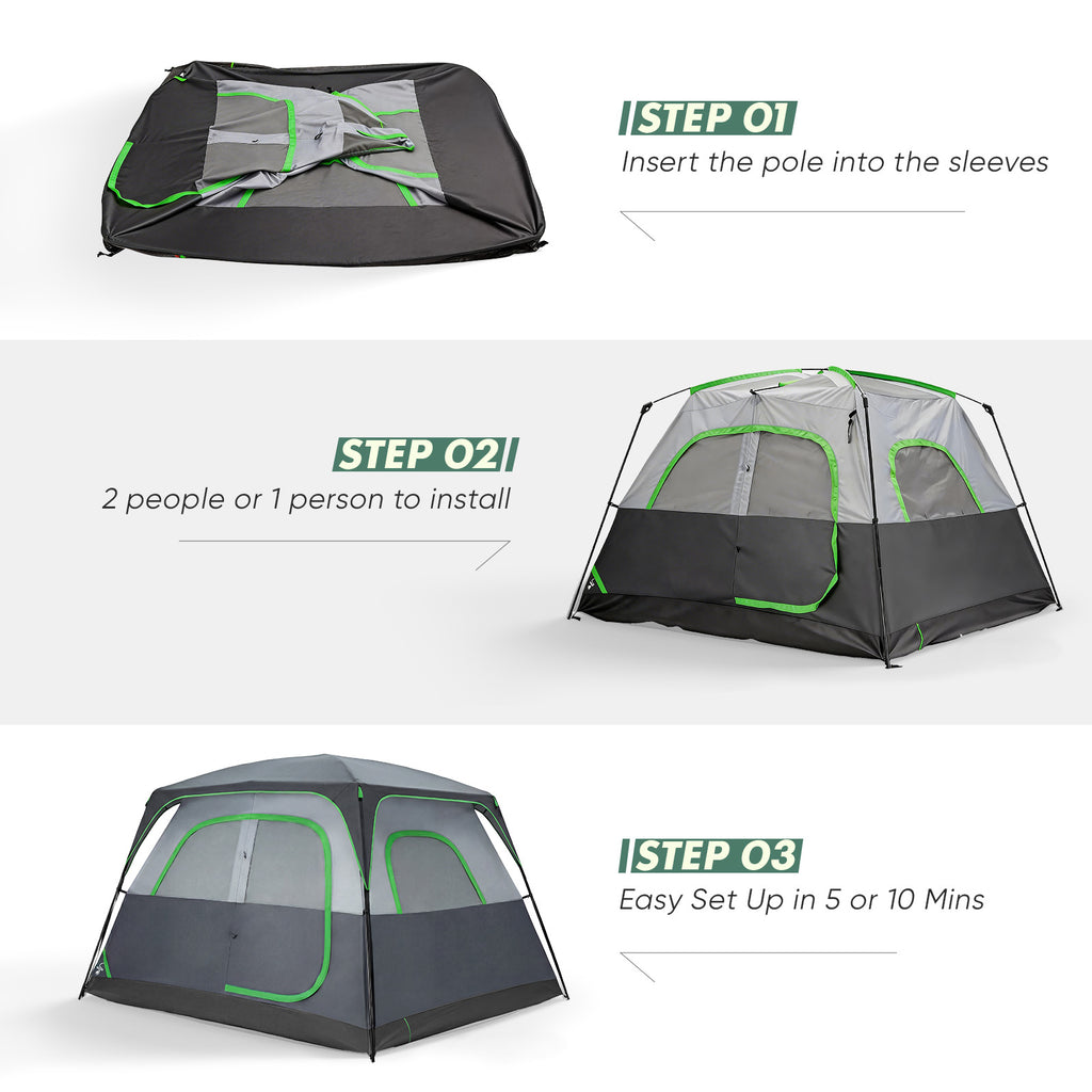 Black 6-person camping tent with green-trimmed doors and front mesh window