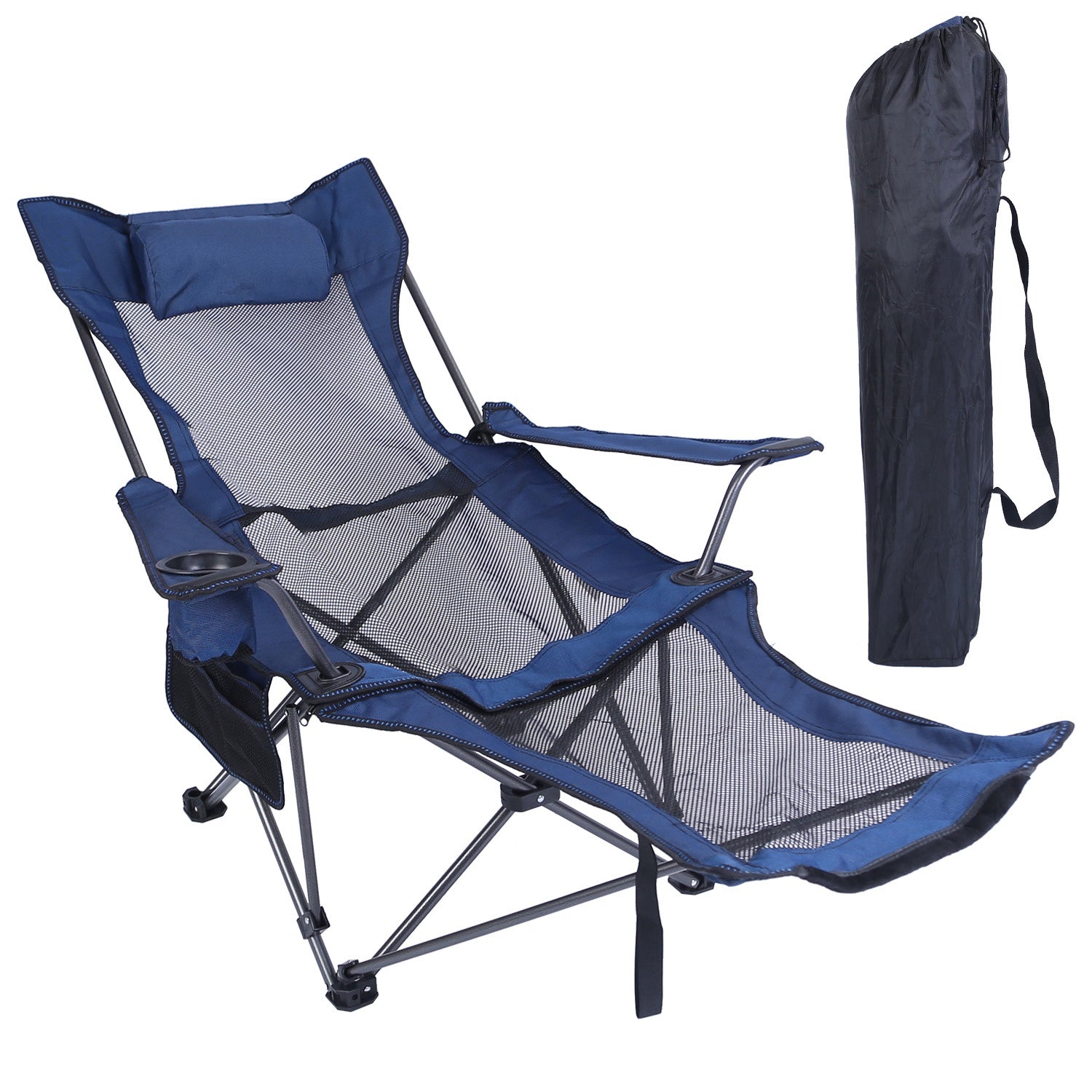 Blue folding recliner camping chair with mesh seat and detachable carry bag