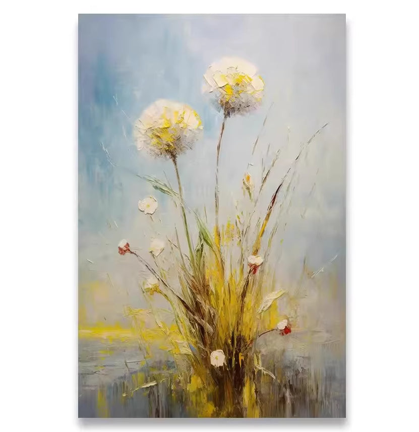 Canvas wall poster with two dandelion-style blooms above slender grass stems
