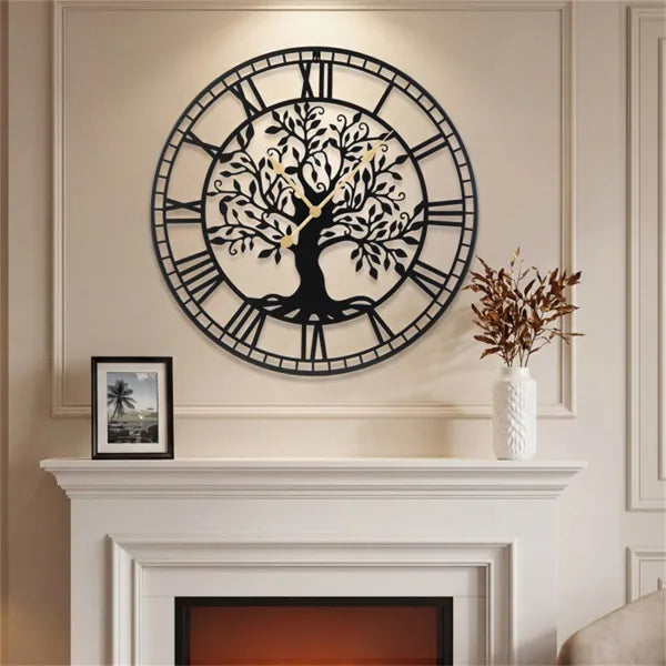 Tree of Life wall clock with Roman numerals, gold hands, and tree silhouette, wall-mounted