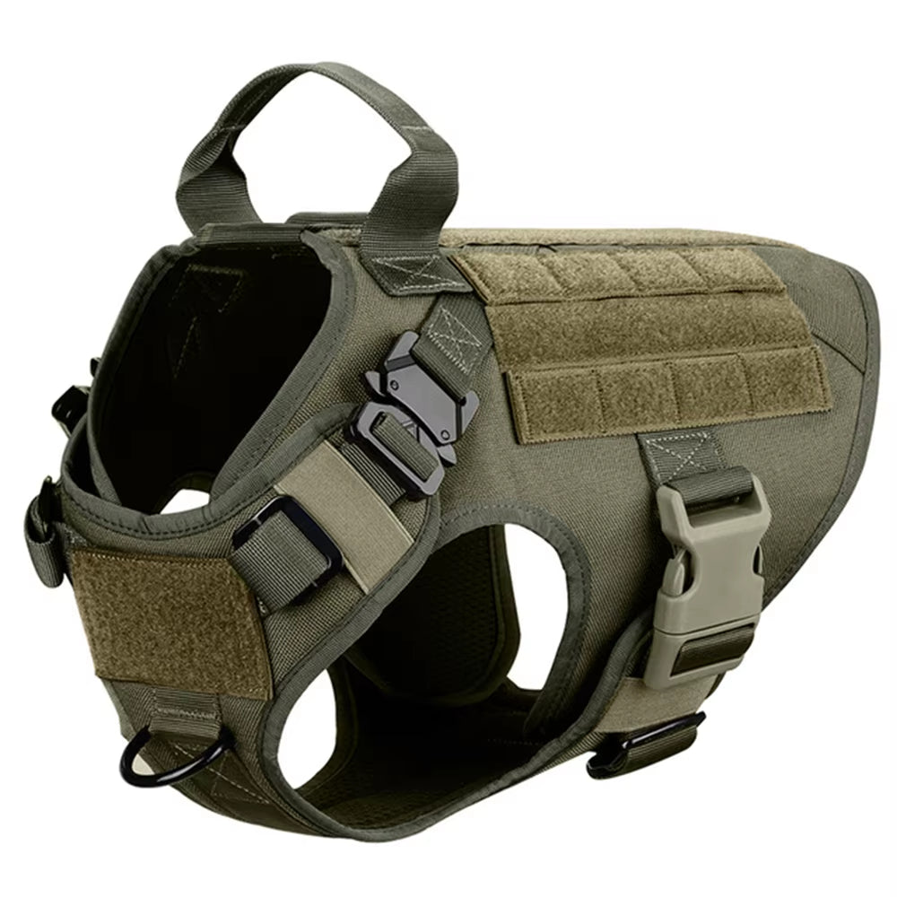 Olive tactical nylon dog harness with padded vest design, front hardware, and adjustable straps