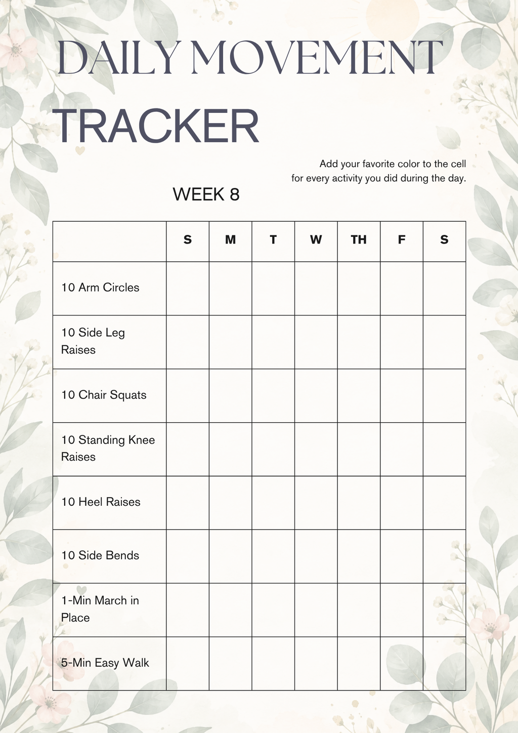 Daily Wellness & Movement Tracker – 8 Weeks | Printable PDF