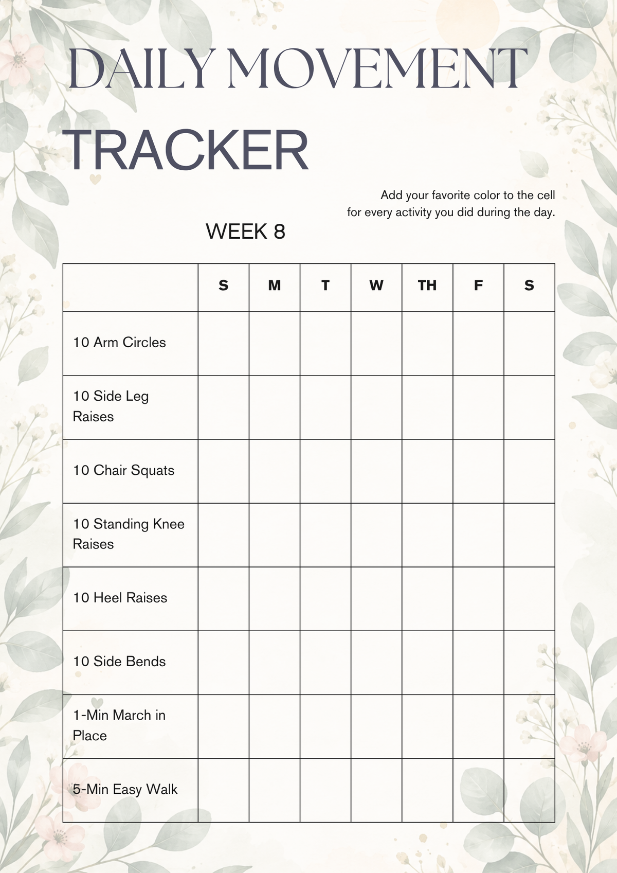 Daily Wellness & Movement Tracker – 8 Weeks | Printable PDF
