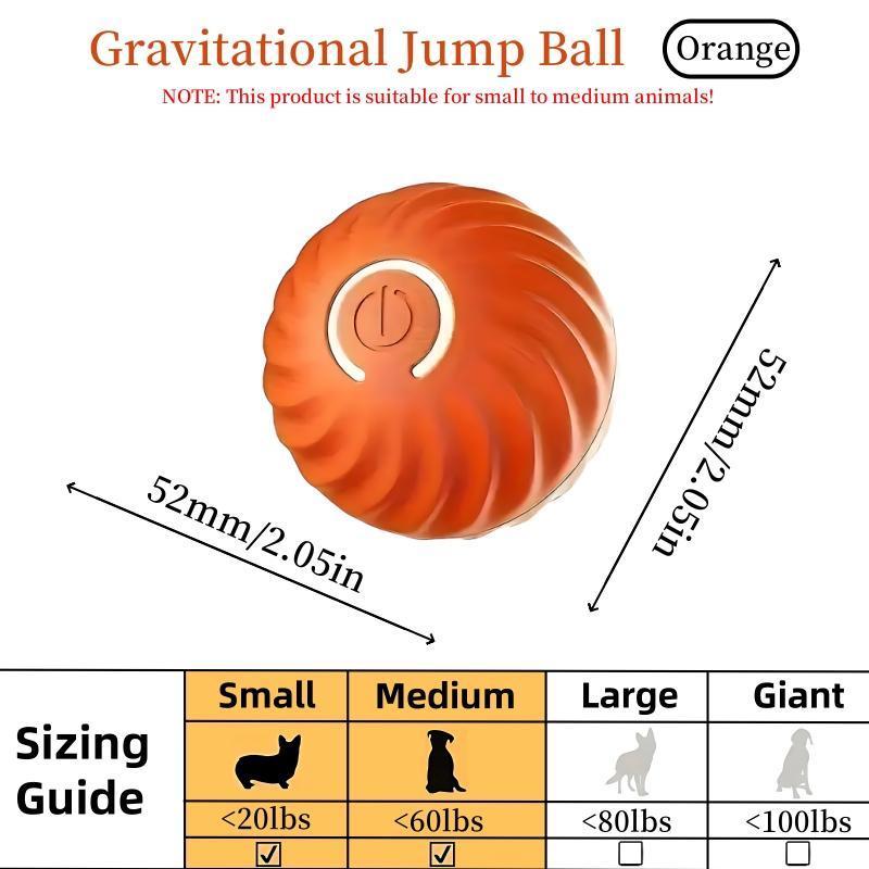 Orange gravitational jump ball toy, textured shell with size guide