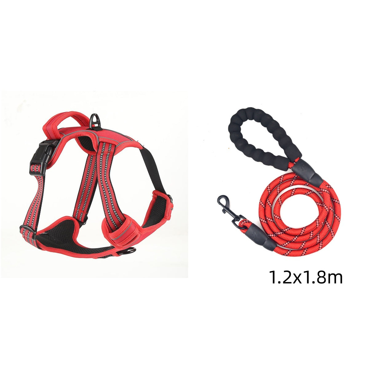 Red dog harness with reflective stripes and matching braided leash with clips