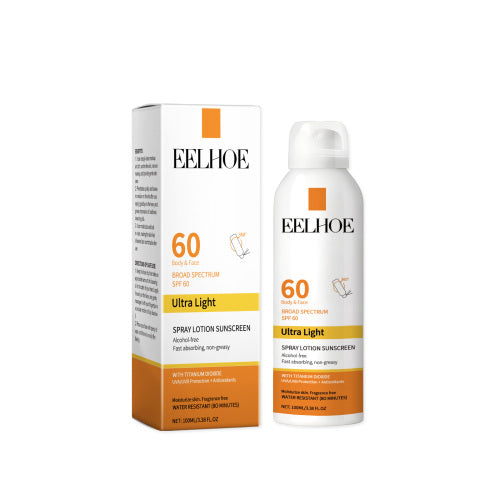SPF 60 spray lotion sunscreen bottle and box, Ultra Light, EELHOE packaging