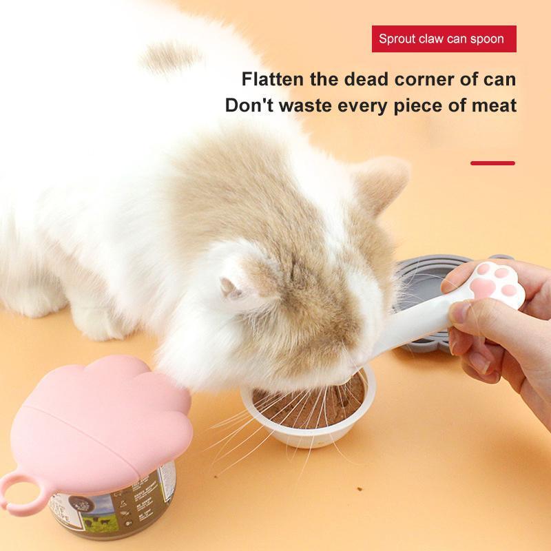 Pet food can spoon and lid opener with paw-shaped handle, pink silicone lid section