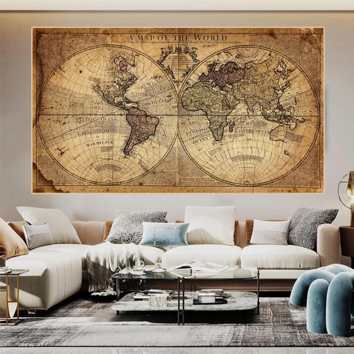 Framed world map canvas poster on wall, vintage sepia world map with grid lines