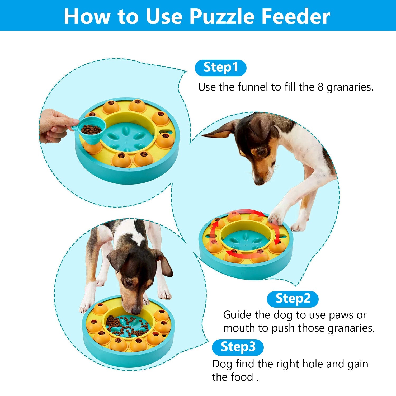 Slow-feeder puzzle dog bowl with yellow rotating treat compartments and green center