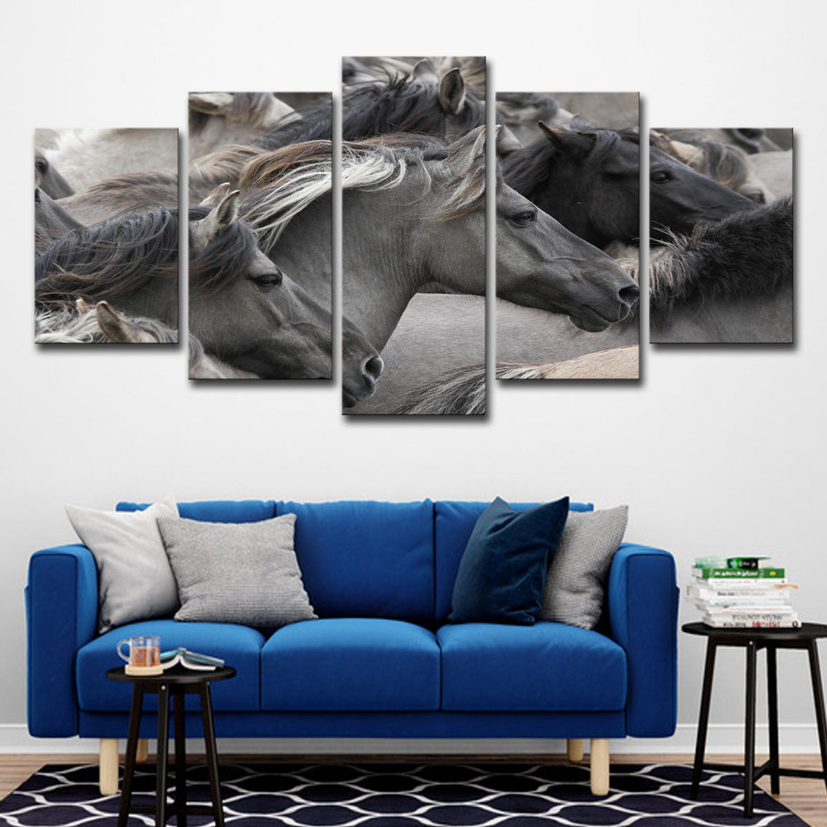 5-piece canvas wall art with grayscale black horse portrait on five-panel layout
