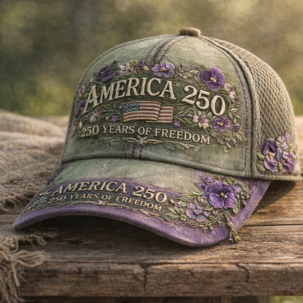 Gray baseball cap with “AMERICA 250” and “250 Years of Freedom” plus purple flower embroidery