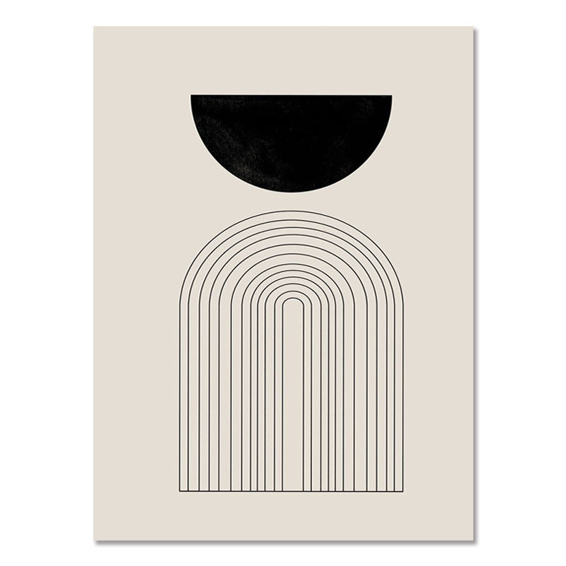 Framed abstract art poster with black semicircle on top and striped arch lines
