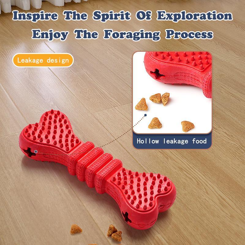 Red textured bone chew toy with leakage holes and small kibble pieces around it