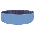 Blue foldable pet swimming pool with dark blue rim, 160 cm diameter and height markers