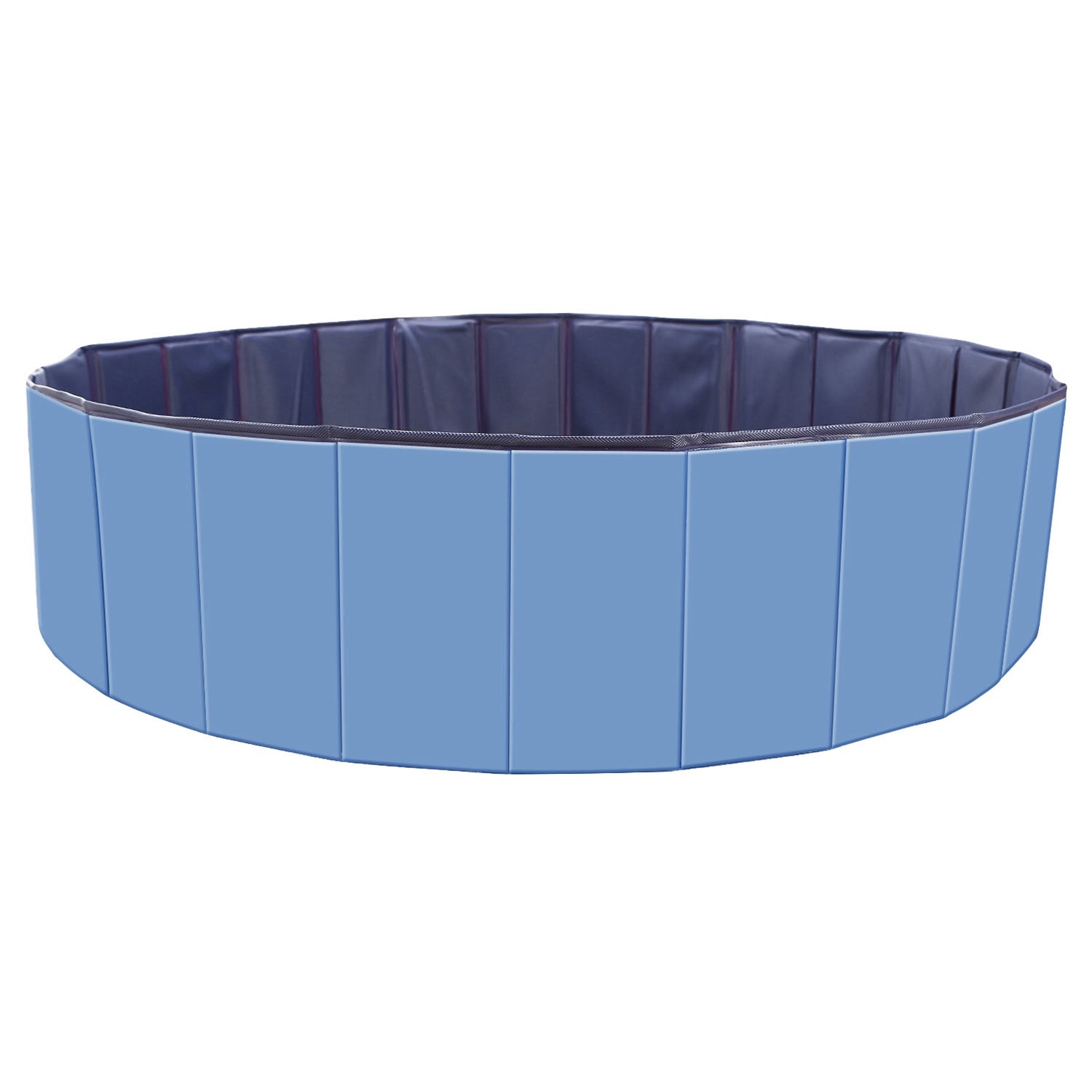 Blue foldable pet swimming pool with dark blue rim, 160 cm diameter and height markers