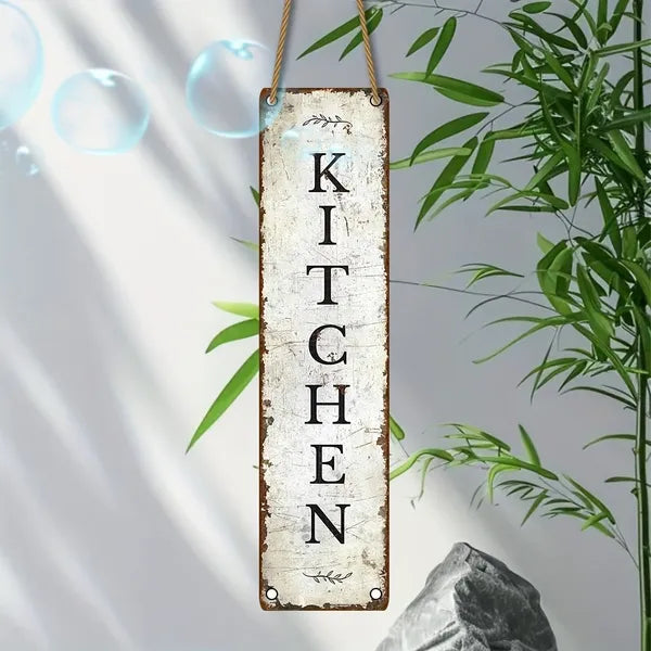 Wooden hanging kitchen sign with distressed white face, vertical KITCHEN lettering, twine loops