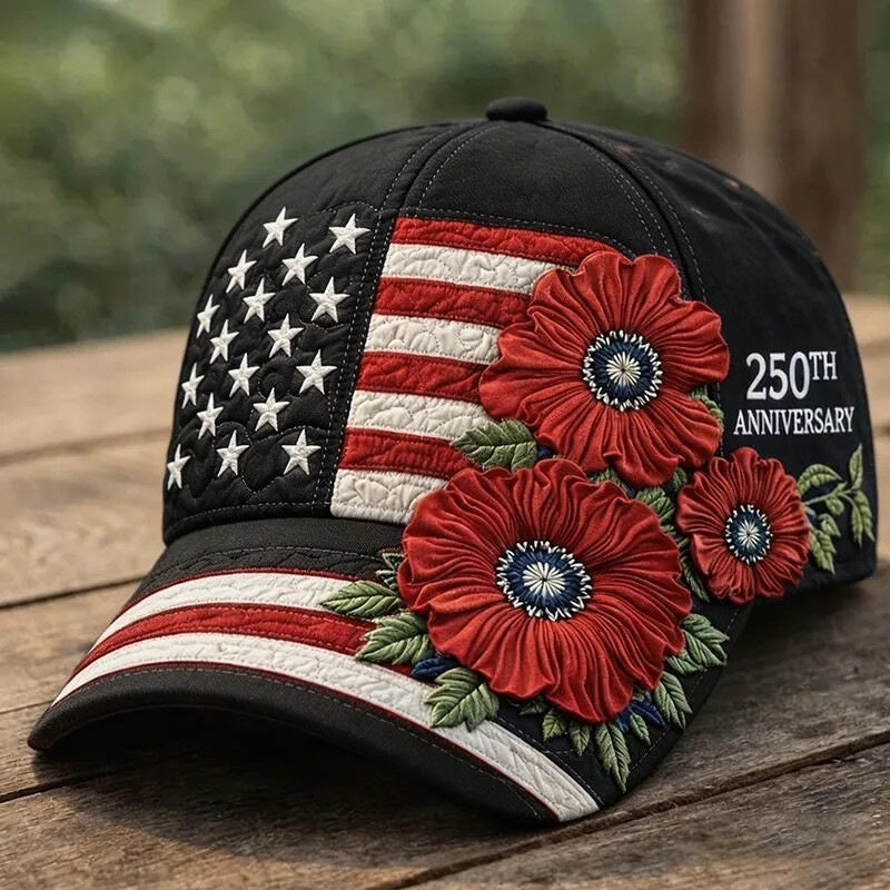 Black baseball cap with stars-and-stripes patch and red 3D floral embroidery, “250th Anniversary”