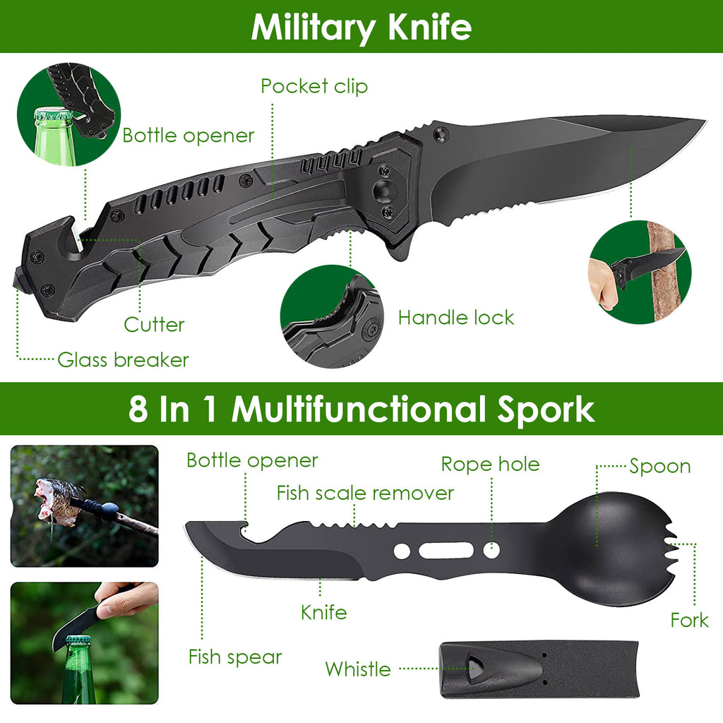 Multifunction spork and tactical knife with bottle opener, whistle, and bottle-cutting tools
