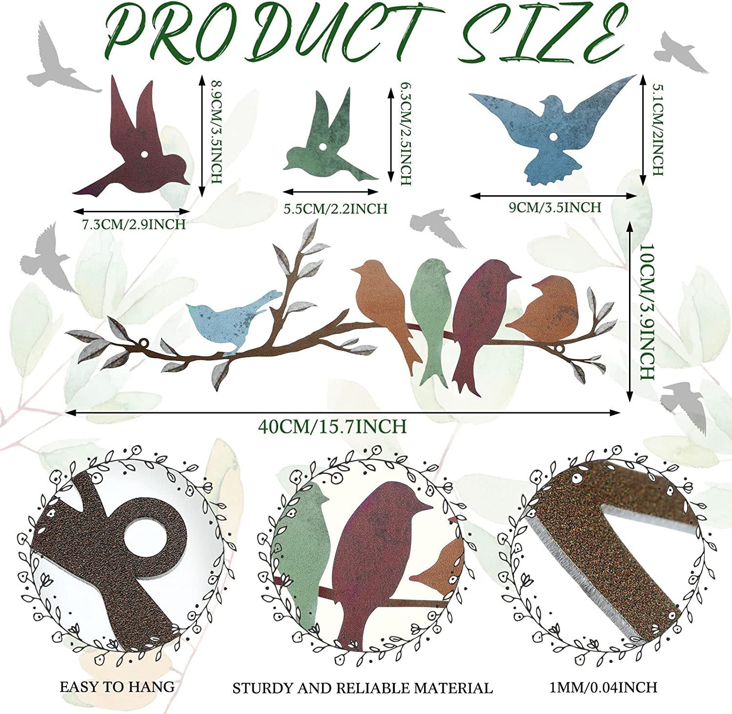 Bird branch wall decoration size guide with multicolor birds on twig branch