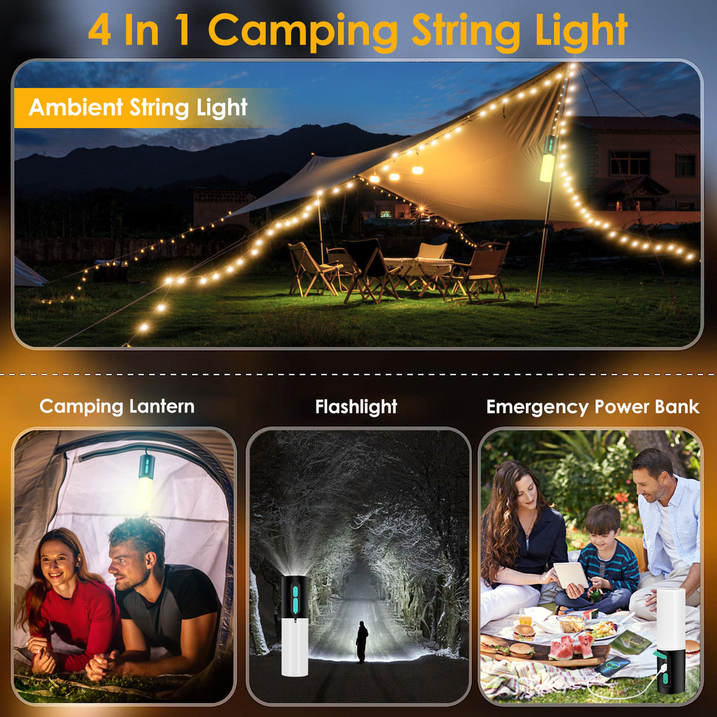 Black 4-in-1 camping string light with lantern mode, flashlight, and power bank