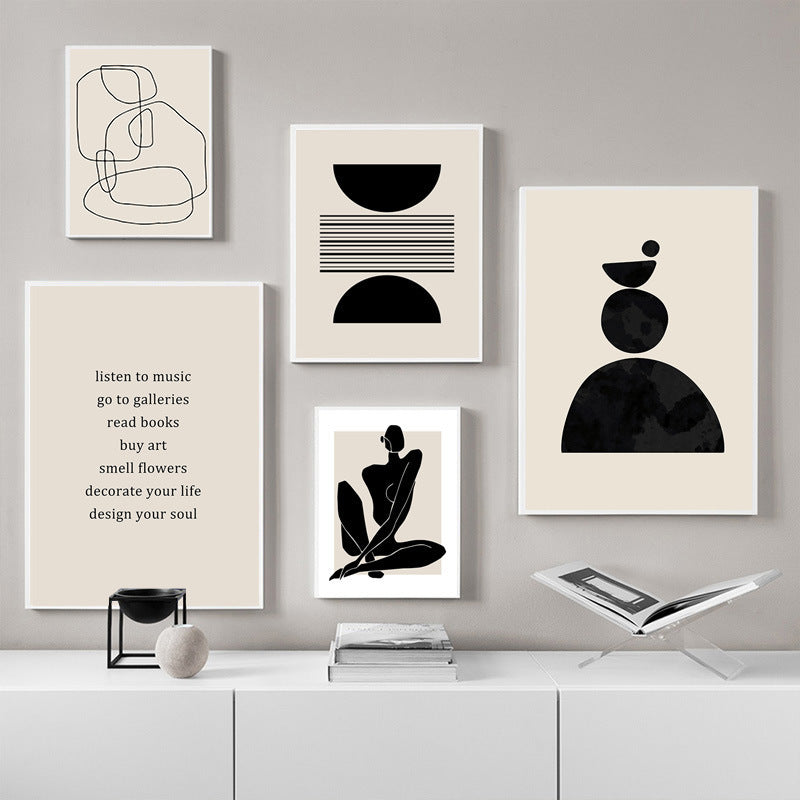Set of framed abstract art posters with minimalist portraits, arches, and line drawings