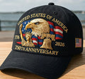 Black baseball cap with embroidered eagle and 250th Anniversary text, side flag patch