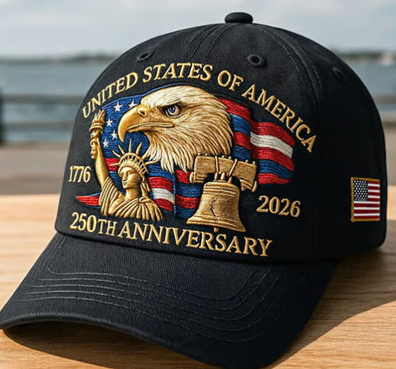 Black baseball cap with embroidered eagle and 250th Anniversary text, side flag patch