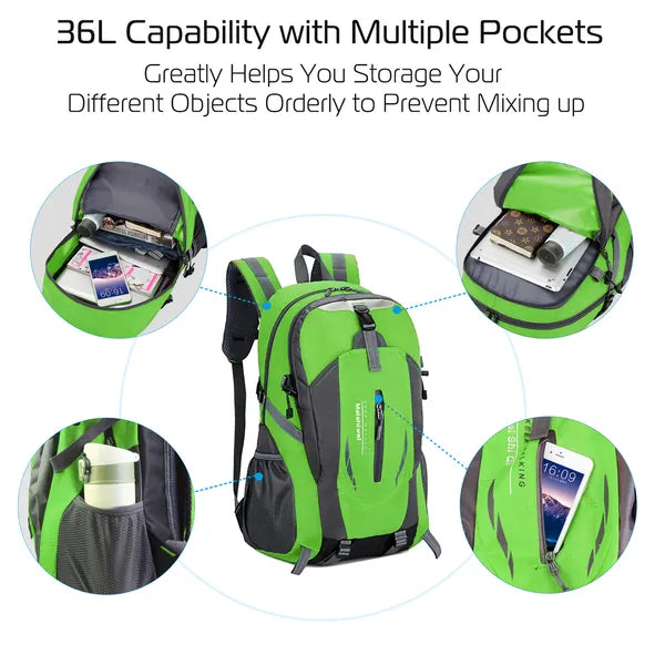 Green hiking backpack with multiple compartments, zip pockets, and side storage pouches