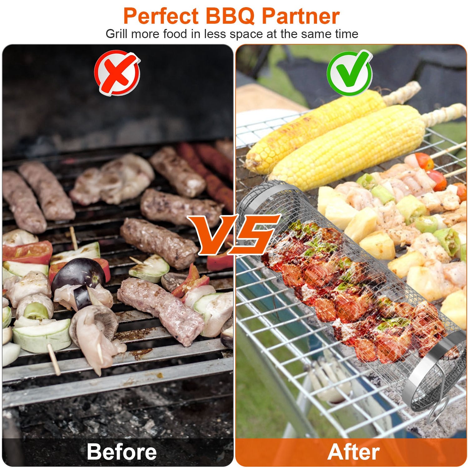 Stainless steel round grill basket holding corn and mixed ingredients on grill grates