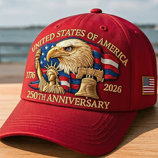 Red baseball cap with embroidered eagle and 250th Anniversary text, side flag patch