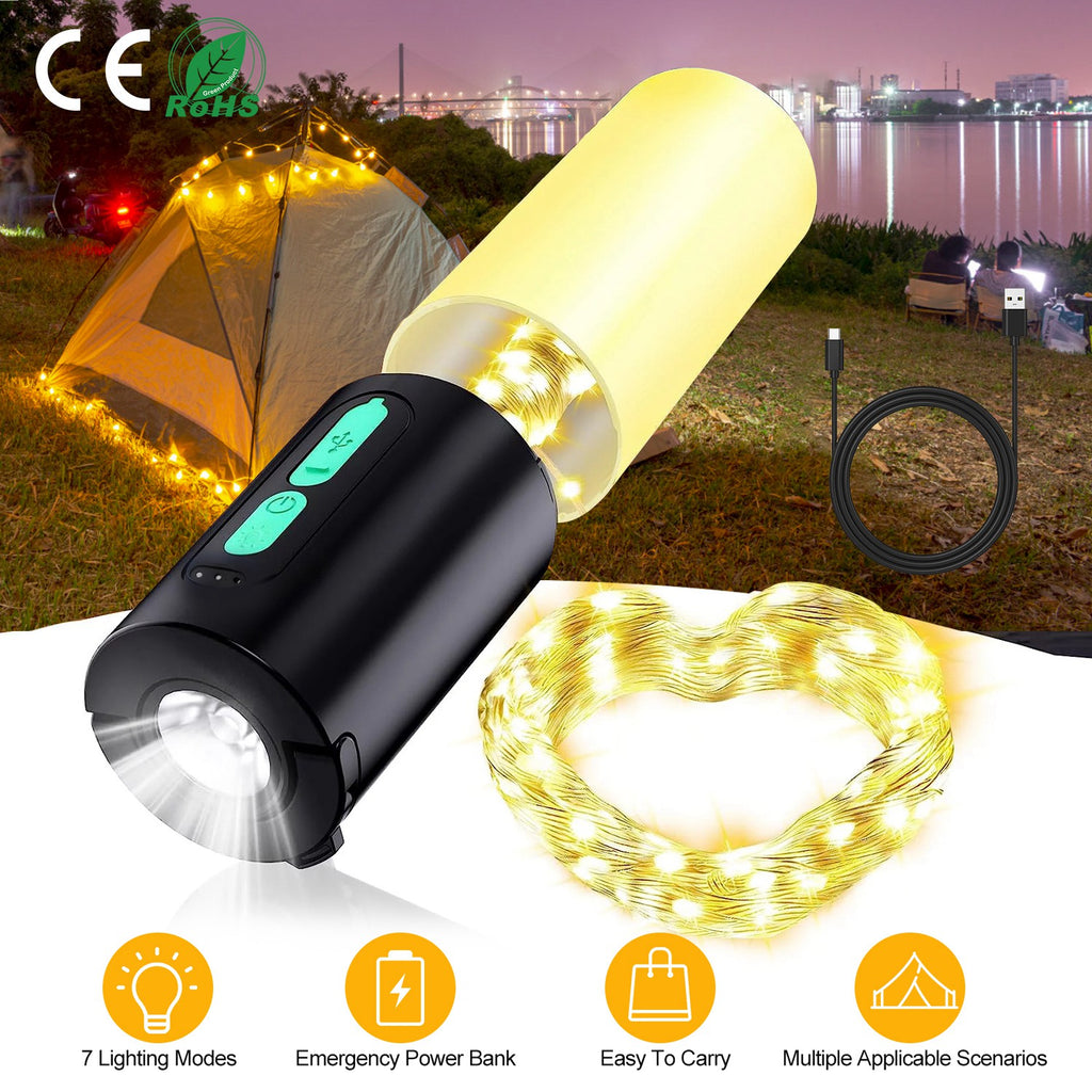 Black rechargeable camping lantern with built-in flashlight and warm LED string lights