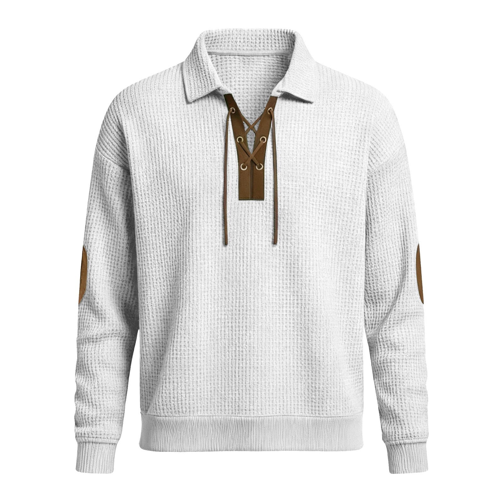 Oversized cardigan sweatshirt, off-white knit, stand collar with lace-up mock placket
