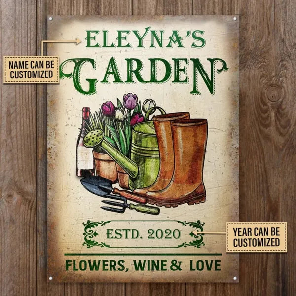 Personalized garden metal sign with “ESTD. 2020” banner and “FLOWERS, WINE & LOVE” at bottom.