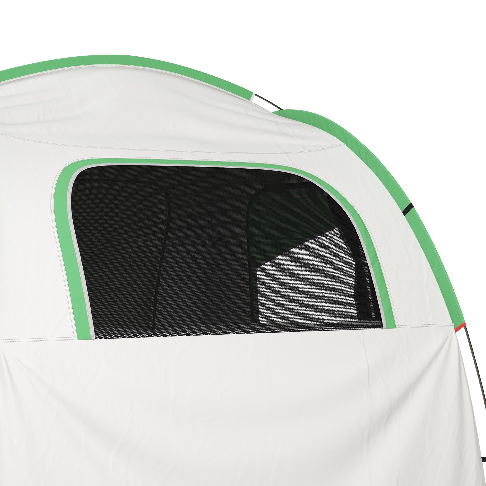 Green-trimmed mesh window on white car tent wall