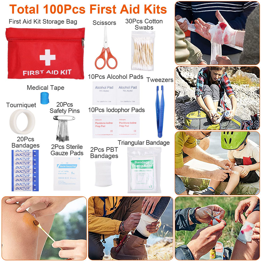 Red first aid kit storage pouch with medical supplies, tapes, and bandages