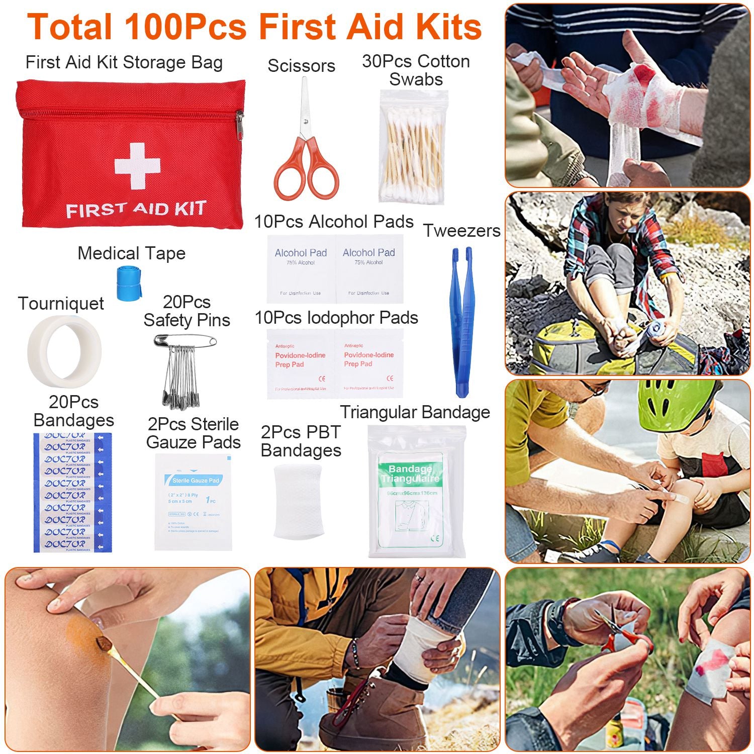 Red first aid kit storage pouch with medical supplies, tapes, and bandages