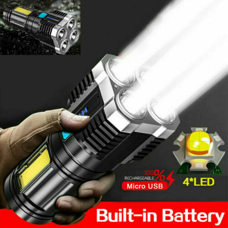 Black tactical flashlight with built-in battery indicator and LED light at the head