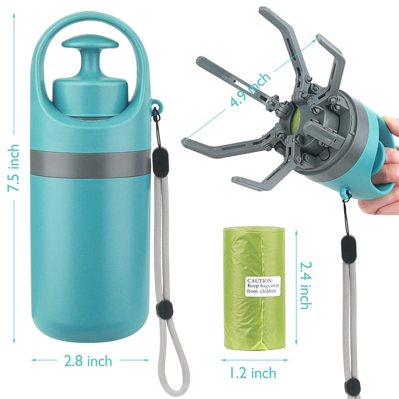 Light blue dog poop scooper kit with built-in bag dispenser and gray scoop