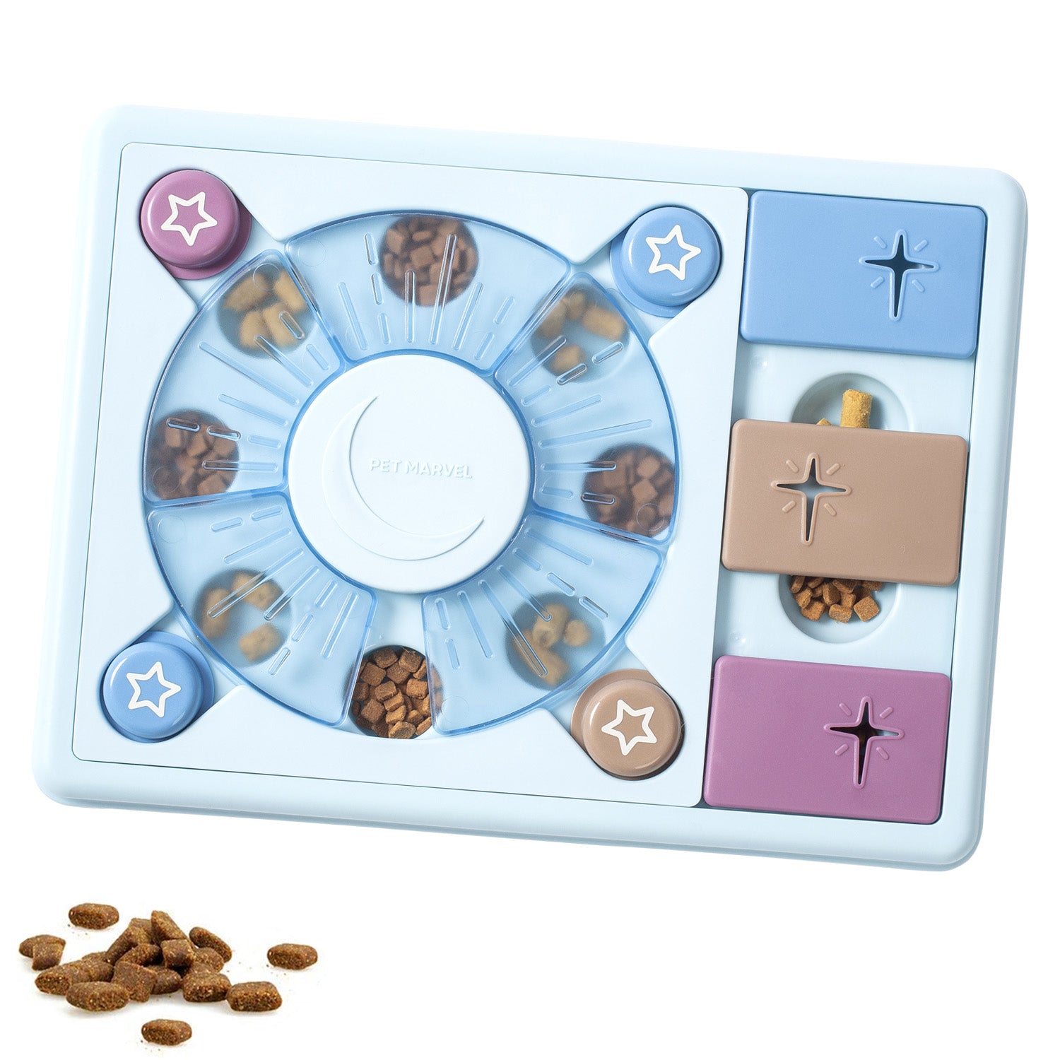 Light blue dog puzzle slow feeder board with star, heart, and bone compartments