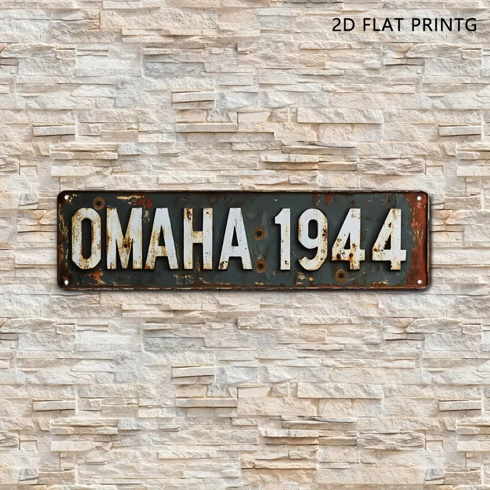 Vintage military metal sign with rivets, reading OMAHA 1944
