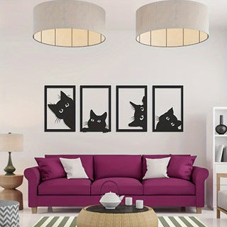 Black cat metal wall art set with four framed cat silhouettes in black
